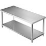 VEVOR Commercial stainless steel table 183 x 76 x 86 cm, stainless steel two-layer work table cutting table gastro 150 kg + 100 kg load capacity, commercial kitchen table, height-adjustable preparation table