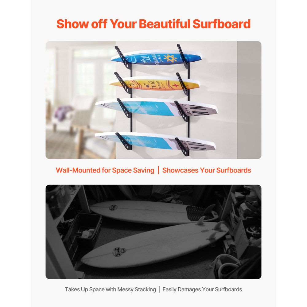 VEVOR Surfboard Wandhouder (4 Niveaus) Horizontale Surfboard Rack Hanger voor Opslag & Display, Hoogte Verstelbare Organizer voor Kiteboards Shortboards Ski's Snowboards Zwart