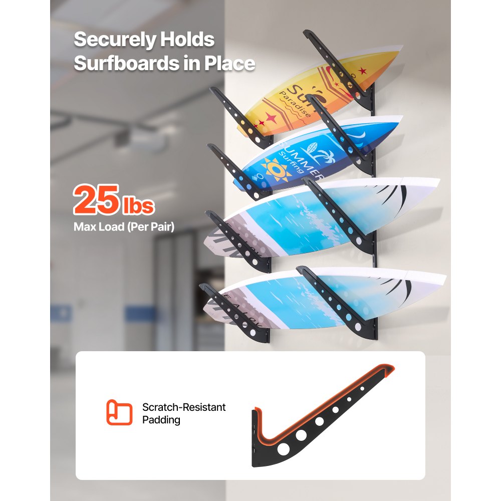 VEVOR Surfboard Wandhouder (4 Niveaus) Horizontale Surfboard Rack Hanger voor Opslag & Display, Hoogte Verstelbare Organizer voor Kiteboards Shortboards Ski's Snowboards Zwart