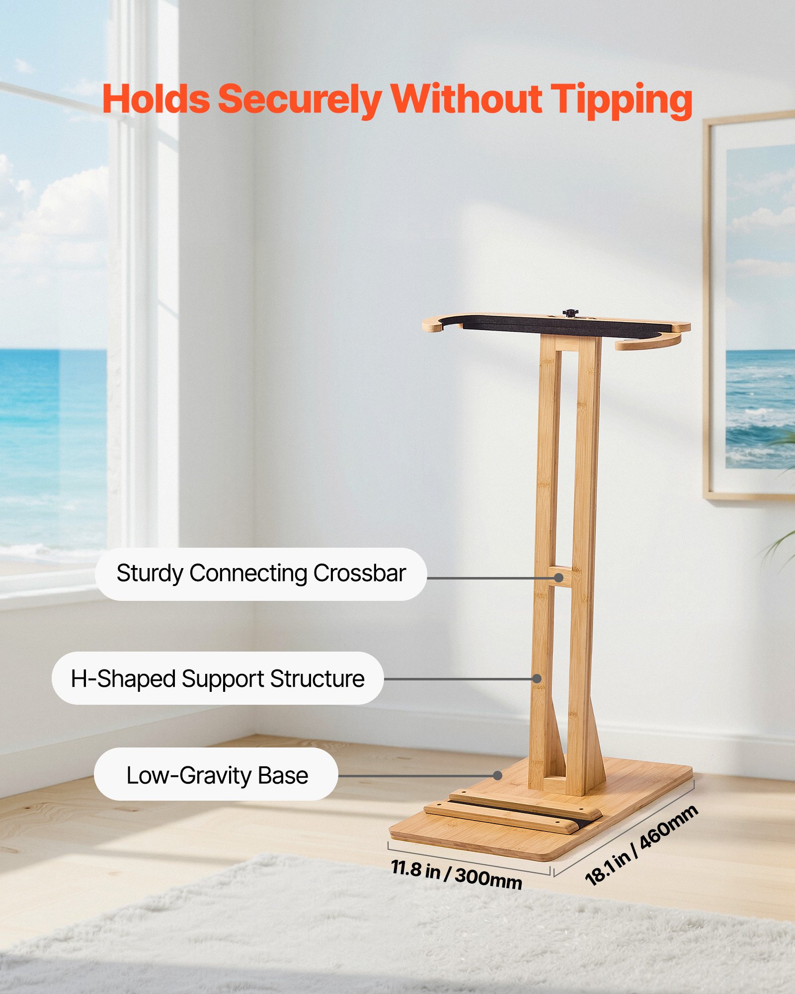 VEVOR Vertical Surfboard Stand, Wooden Surfboard Rack for Storage and Display, Adjustable & Freestanding Board Stand Organizer with Padding, for Wakeboards, Snowboards, Kiteboards, Shortboard, Skis