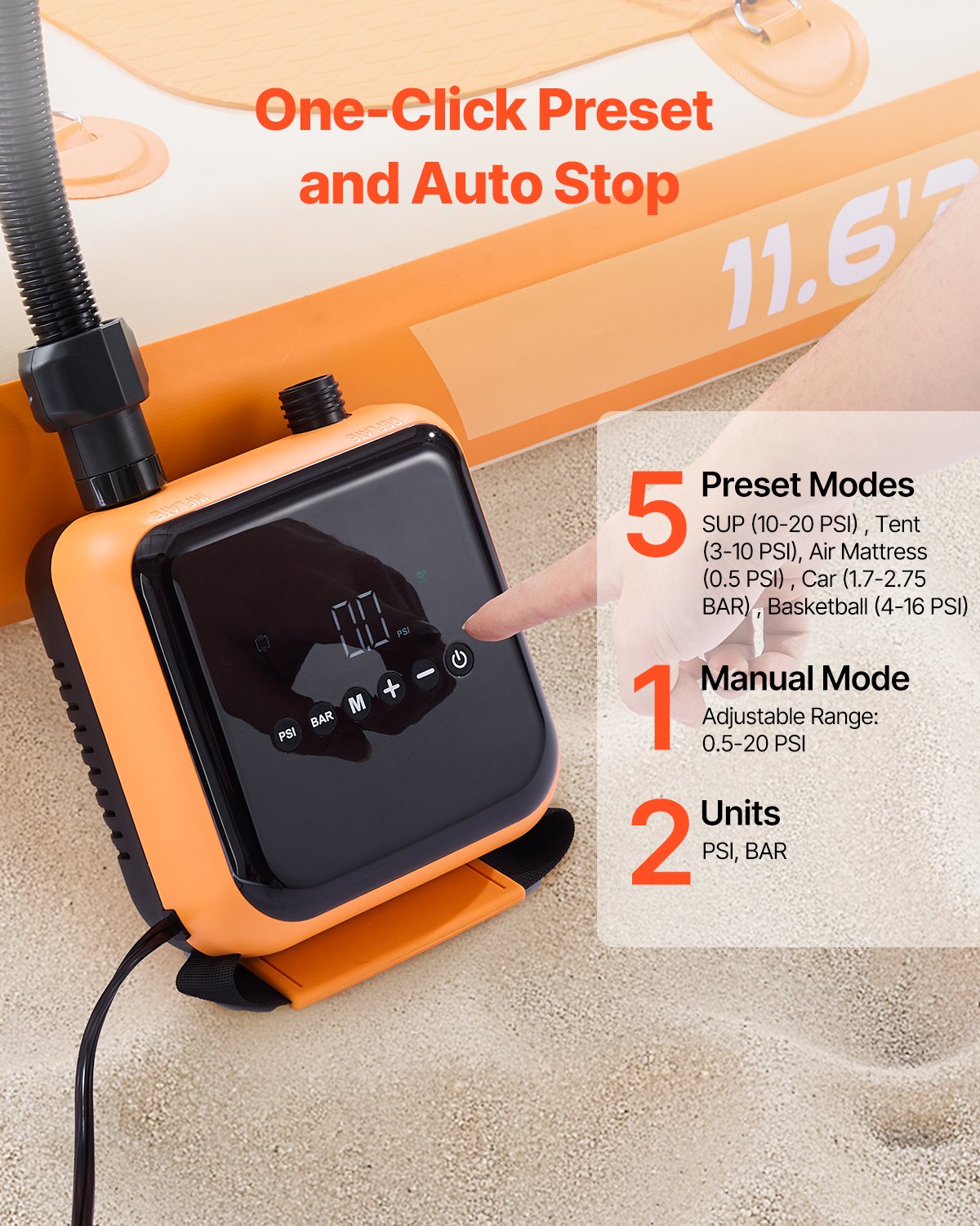 VEVOR Paddle Board Pump, 40PSI High Pressure, Dual Stage Inflation & Deflation SUP Air Pump with Auto-Off Function and 12V DC Car Connector, Ideal for Inflatable Paddle Board, Tent and Mattress