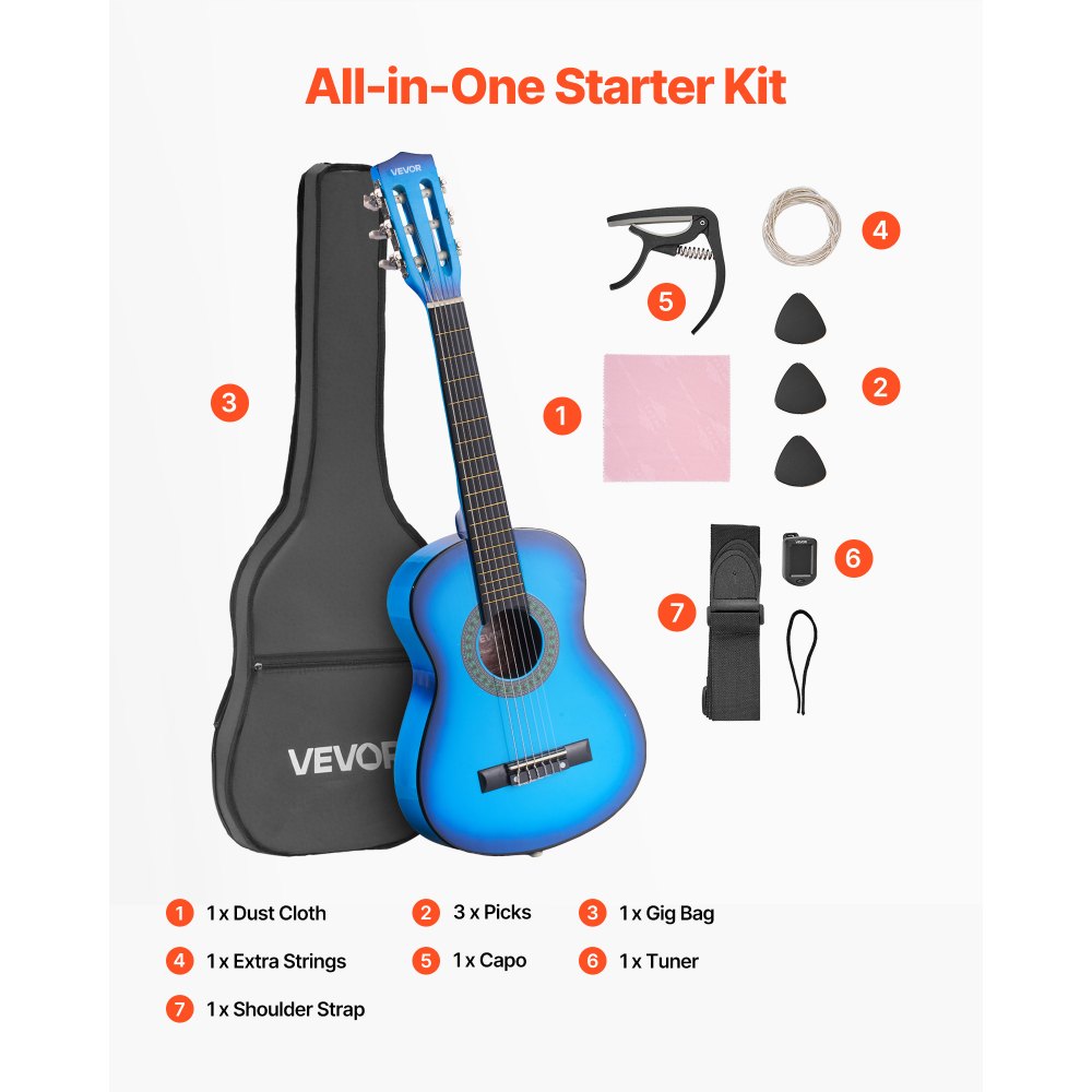 VEVOR Concertgitaar, 780 mm, Houten Klassieke Gitaar Starterset voor Beginners, met Nylon Snaren, Gigbag, Riem, Tuner, Extra Snaren, Plectrums, Capo, Lindehout, voor Beginners, Blauw