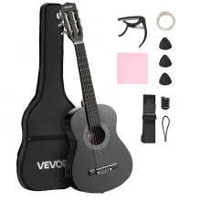 VEVOR Concertgitaar, 780 mm, Houten Klassieke Gitaar Starterset voor Beginners, met Nylon Snaren, Gigbag, Riem, Tuner, Extra Snaren, Plectrums, Capo, Lindehout, voor Beginners, Zwart