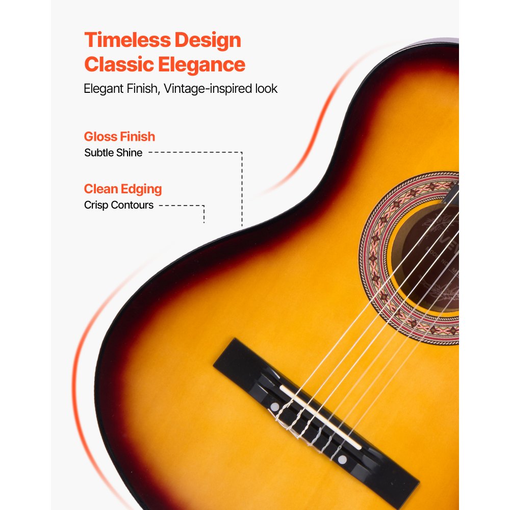 VEVOR Classical Guitar, 38 Inch, Wood Classical Guitar Starter Kit for Beginners, with Nylon Strings, Gig Bag, Strap, Tuner, Extra String, Pick, Capo, Basswood, for Teenagers Adults Students, Sunburst