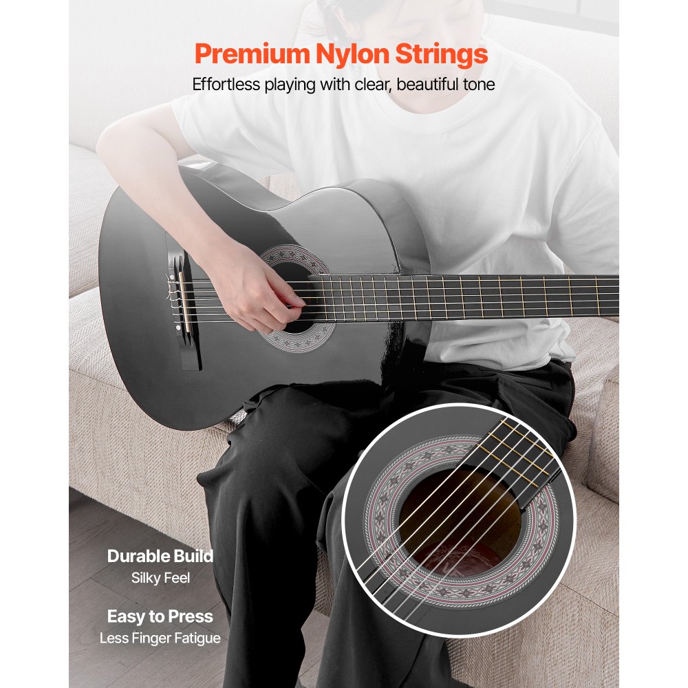 VEVOR Concertgitaar, 960 mm, Houten Klassieke Gitaar Starterset voor Beginners, met Nylon Snaren, Gigbag, Riem, Tuner, Extra Snaren, Plectrums, Capo, Lindehout, voor Beginners, Zwart