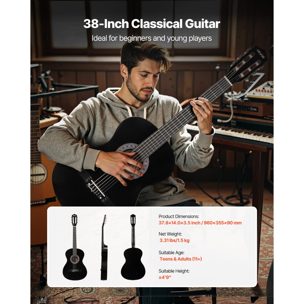 VEVOR Concertgitaar, 960 mm, Houten Klassieke Gitaar Starterset voor Beginners, met Nylon Snaren, Gigbag, Riem, Tuner, Extra Snaren, Plectrums, Capo, Lindehout, voor Beginners, Zwart