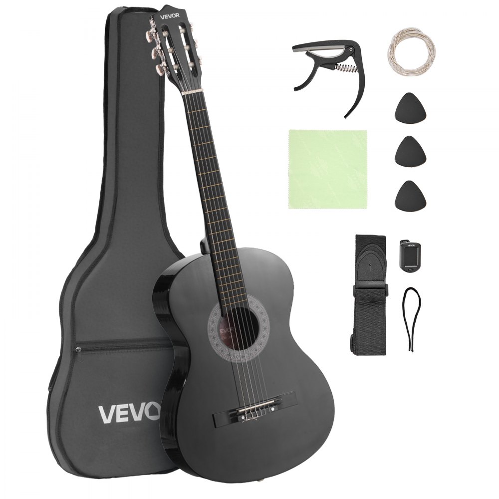 VEVOR Concertgitaar, 960 mm, Houten Klassieke Gitaar Starterset voor Beginners, met Nylon Snaren, Gigbag, Riem, Tuner, Extra Snaren, Plectrums, Capo, Lindehout, voor Beginners, Zwart
