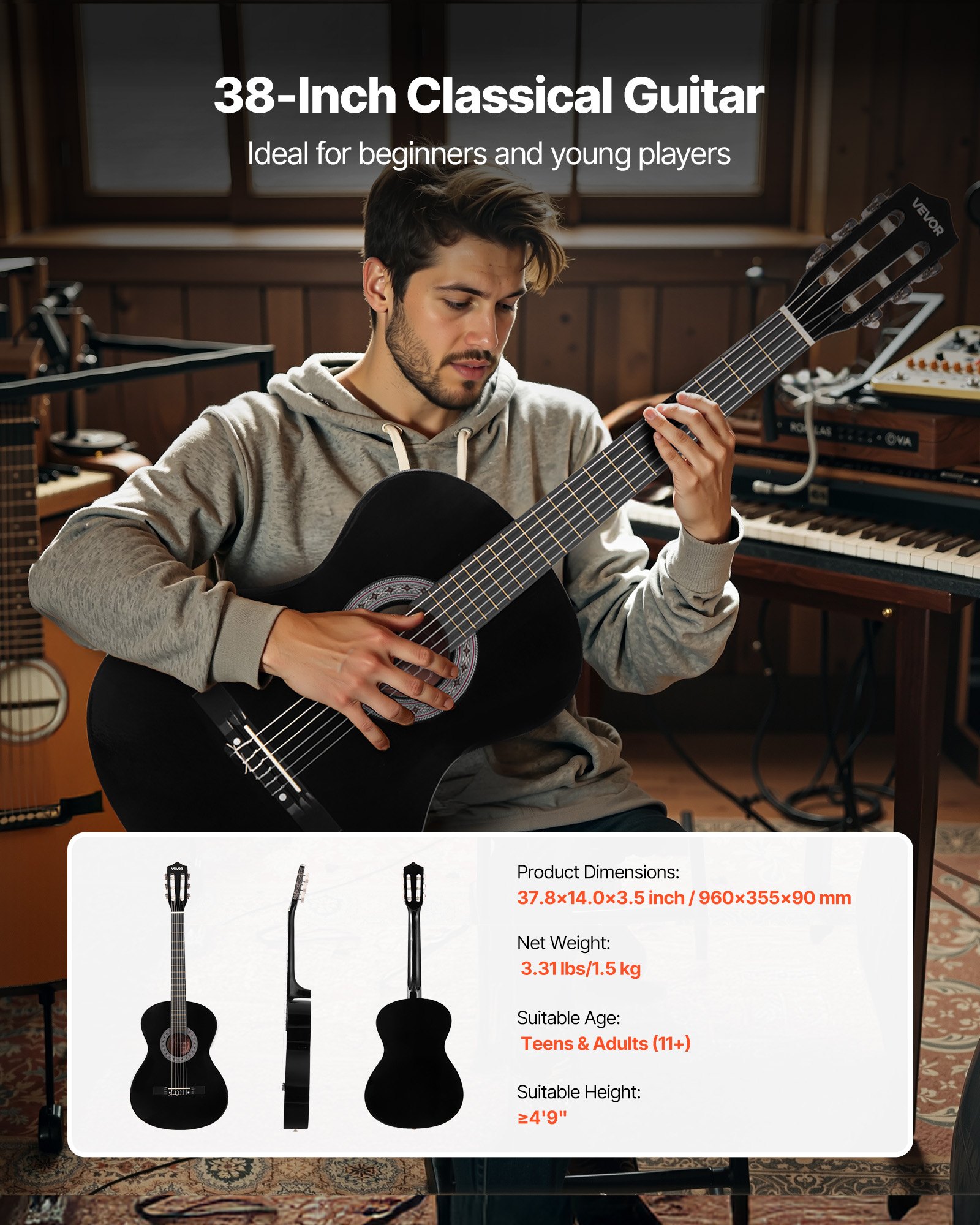 VEVOR Concertgitaar, 960 mm, Houten Klassieke Gitaar Starterset voor Beginners, met Nylon Snaren, Gigbag, Riem, Tuner, Extra Snaren, Plectrums, Capo, Lindehout, voor Beginners, Zwart