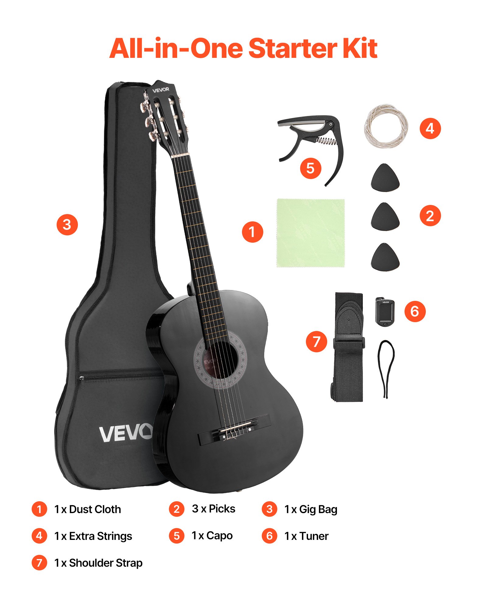 VEVOR Concertgitaar, 960 mm, Houten Klassieke Gitaar Starterset voor Beginners, met Nylon Snaren, Gigbag, Riem, Tuner, Extra Snaren, Plectrums, Capo, Lindehout, voor Beginners, Zwart