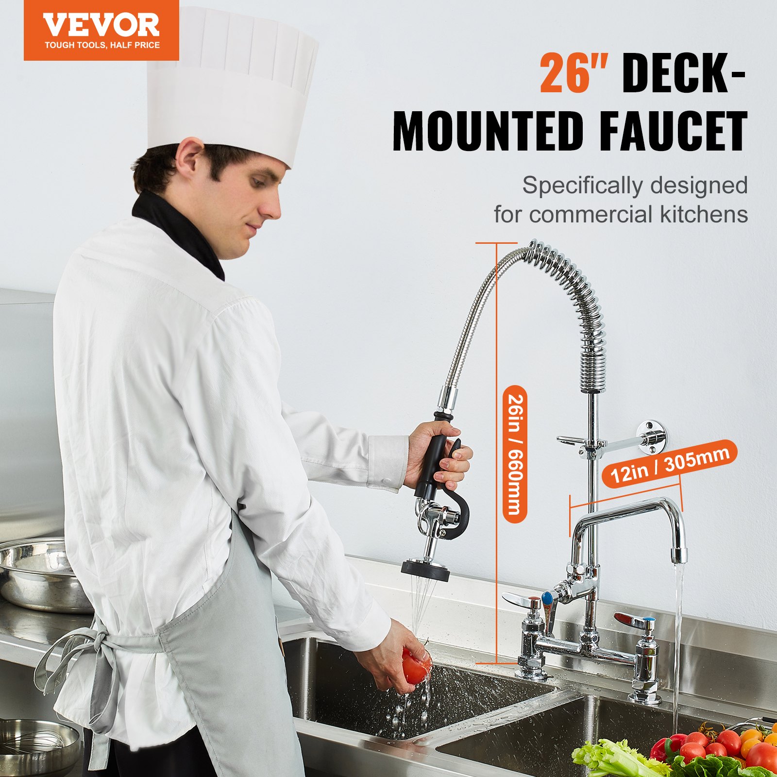 VEVOR Commerciële Keukenkraan met Uittrekbare Sproeier, 66 cm Hoogte, 203 mm Midden, 305 mm Draaibare Uitloop, Messing Keukenkraan voor Aanrechtbladmontage, voor 1/2/3-Cubicle Spoelbak, Zilver