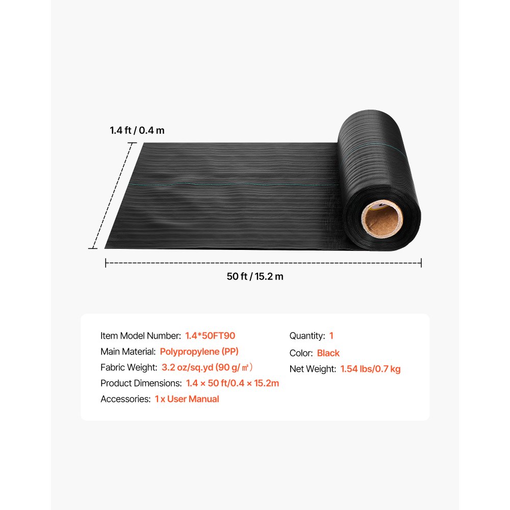 VEVOR onkruidbestrijdingsdoek 0,4 x 15,2 m, tuinvlies 90 g/m², polypropyleen onkruidmat, onkruidbarrière met hoge ventilatie en drainage, wortelbarrière voor kassen, boerderijen en tuinen, zwart