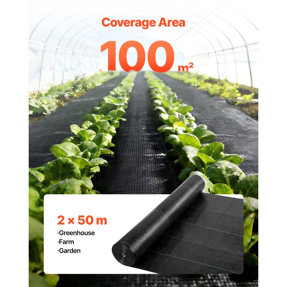 VEVOR Onkruidbestrijdingsdoek 2x50 m Tuinvlies 100 g/m², Onkruidmat op rol van polypropyleen, Onkruidbestrijdingsfolie met hoge ventilatie en drainage, Wortelbarrière tegen onkruid voor kassen en boerderijen, Zwart