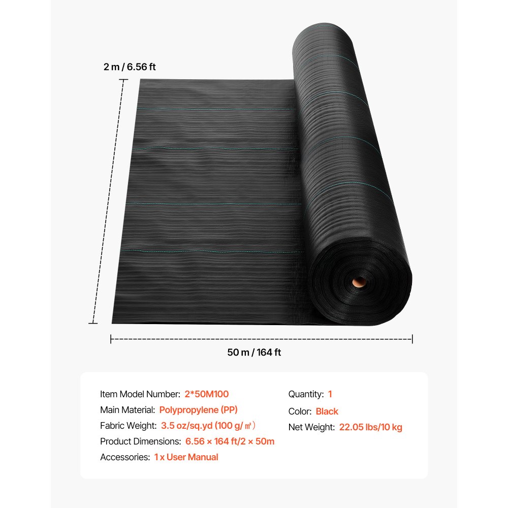 VEVOR Onkruidbestrijdingsdoek 2x50 m Tuinvlies 100 g/m², Onkruidmat op rol van polypropyleen, Onkruidbestrijdingsfolie met hoge ventilatie en drainage, Wortelbarrière tegen onkruid voor kassen en boerderijen, Zwart