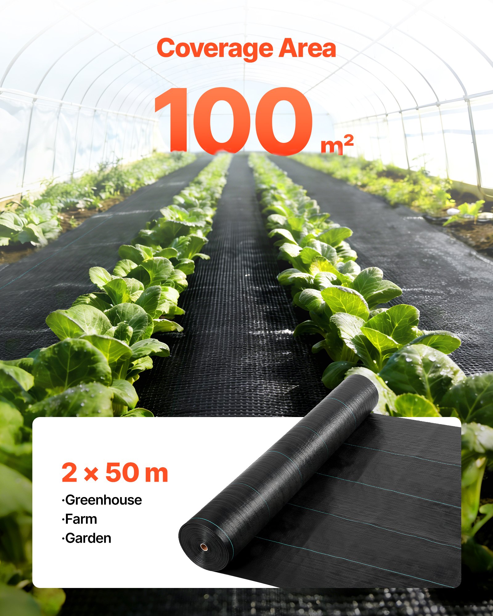 VEVOR Onkruidbestrijdingsdoek 2x50 m Tuinvlies 100 g/m², Onkruidmat op rol van polypropyleen, Onkruidbestrijdingsfolie met hoge ventilatie en drainage, Wortelbarrière tegen onkruid voor kassen en boerderijen, Zwart