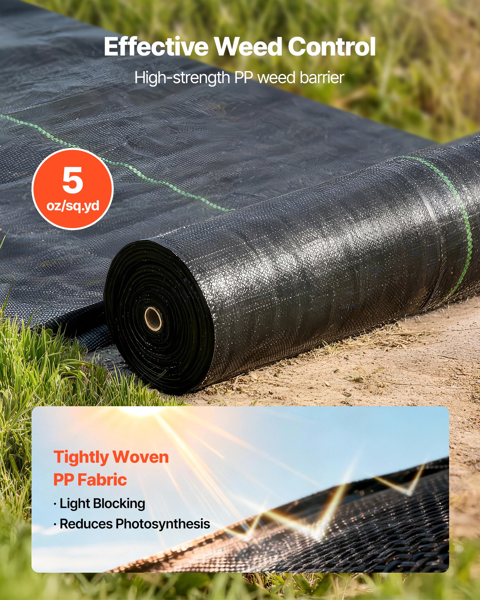 VEVOR Onkruidbestrijdingsdoek 0,9 x 30,5 m Tuinvlies 168 g/m², Polypropyleen Onkruidmat, Onkruidbarrière met hoge ventilatie en drainage, Wortelbarrière voor kassen, boerderijen en tuinen, Zwart