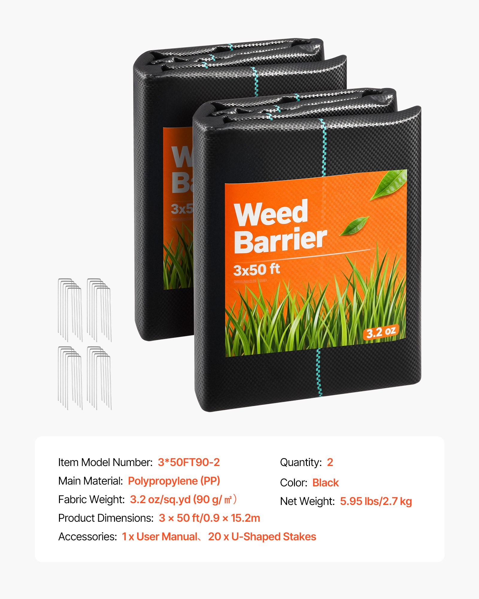 VEVOR 2x Onkruidbestrijdingsdoek 0,9x15,2 m Tuinvlies 90 g/m², Polypropyleen onkruidmat, Onkruidbarrière met hoge ventilatie en drainage, Wortelbarrière voor kassen, boerderijen en tuinen, Zwart