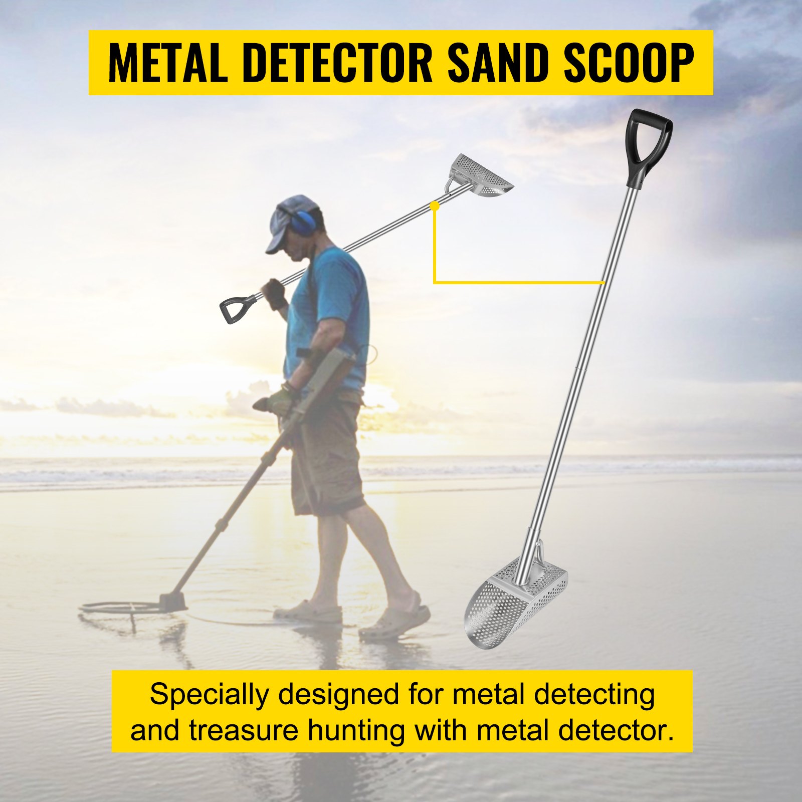 VEVOR Metal Detector Sand Scoop, Stainless Steel Metal Detecting Beach Scoop Scoops, 10 MM Hole Beach Metal Detector Scoop Shovel, with Stainless Steel Handle Pole, for Metal Detecting Treasure Huntin