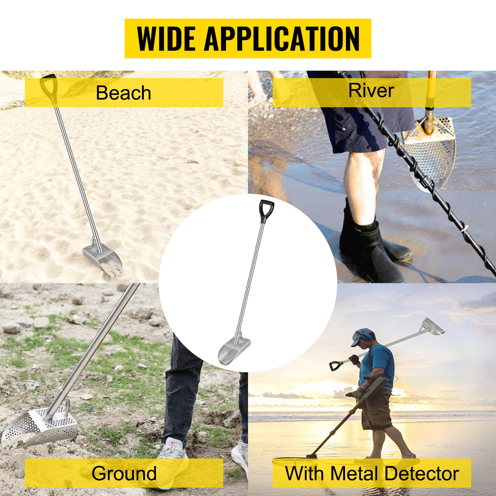 VEVOR Metal Detector Sand Scoop, Stainless Steel Metal Detecting Beach Scoop Scoops, 10 MM Hole Beach Metal Detector Scoop Shovel, with Stainless Steel Handle Pole, for Metal Detecting Treasure Huntin