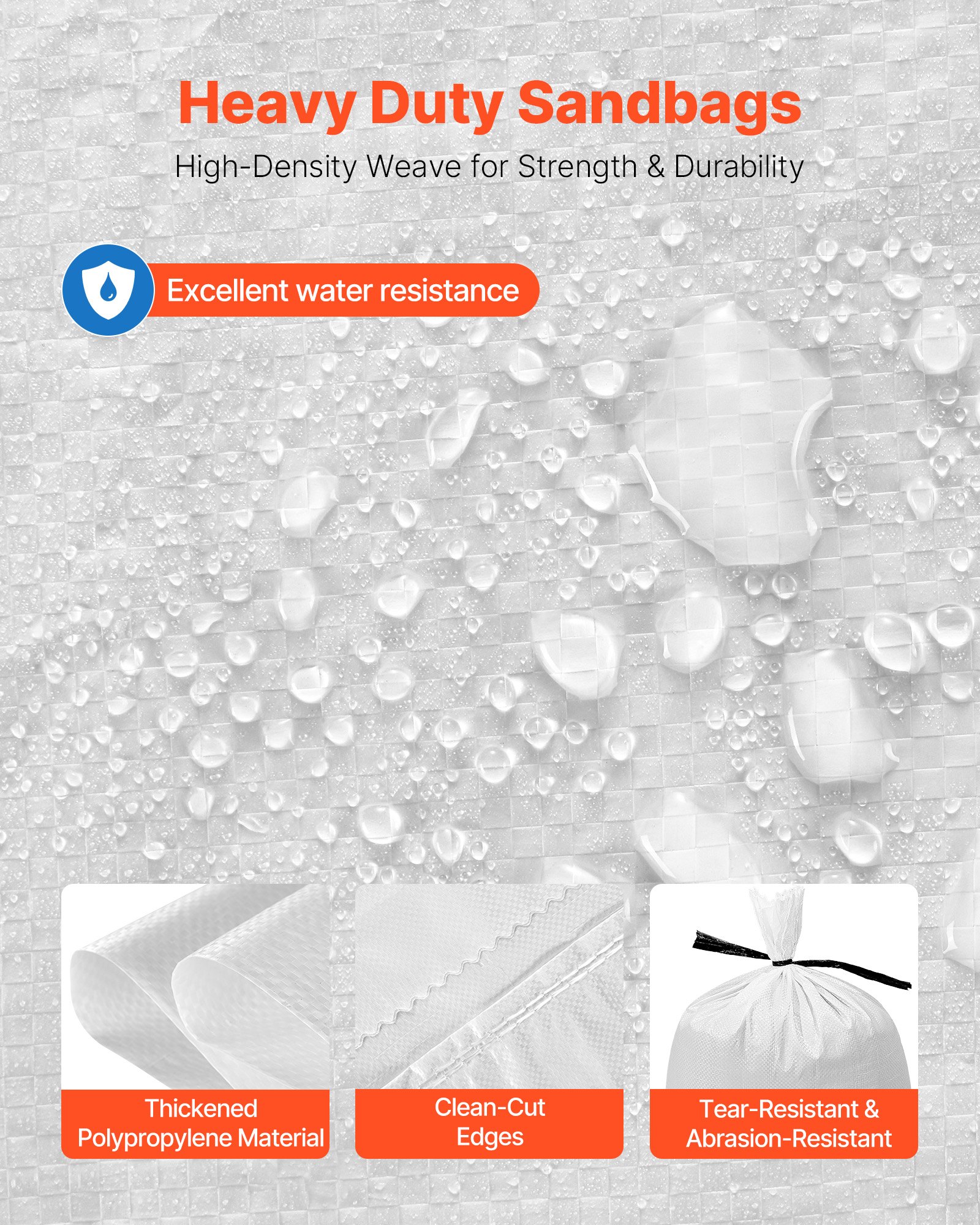 VEVOR Empty Sandbags, 500 Packs 40 x 66 cm, Heavy Duty Sand Bags Sacks with Ties, 22.6kg Capacity Woven Polypropylene Sandbags, Tear-Resistant & UV-Resistant Sand Bags for Flood Protection Barrier