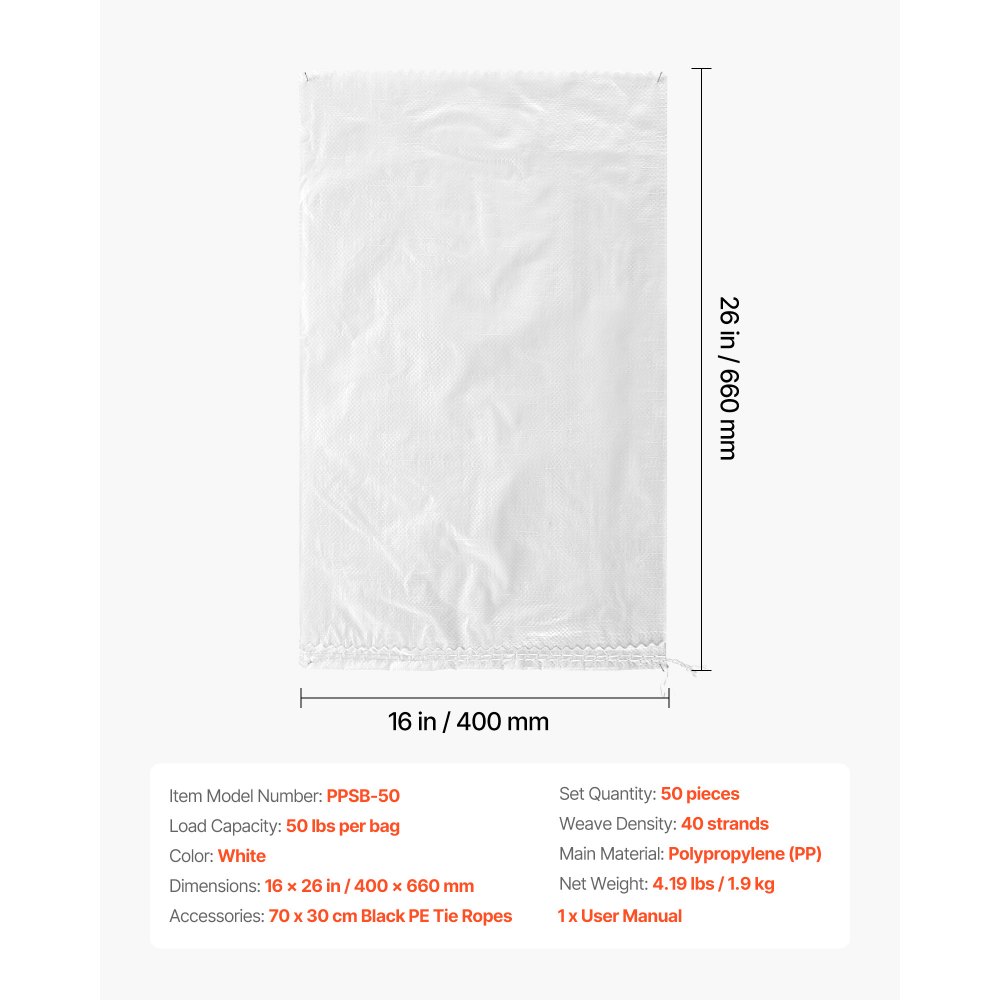 VEVOR Empty Sandbags, 50 Packs 40 x 66 cm, Heavy Duty Sand Bags Sacks with Ties, 22.6 kg Capacity Woven Polypropylene Sandbags, Tear-Resistant & UV-Resistant Sand Bags for Flood Protection Barrier