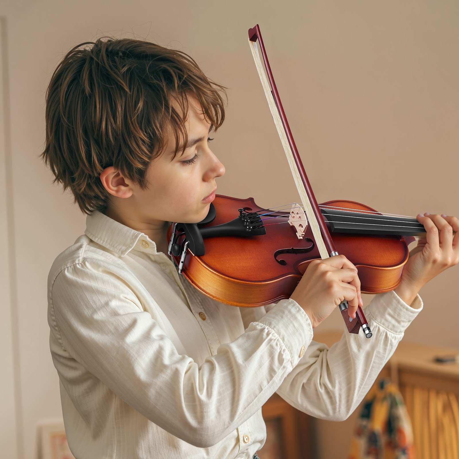 VEVOR 3/4 Vioolset met Harde Koffer, Hars, Strijkstok, Schoudersteun, Brug, Tuner en Extra Snaren, voor Beginners van 9 tot 11 Jaar (Bruin)