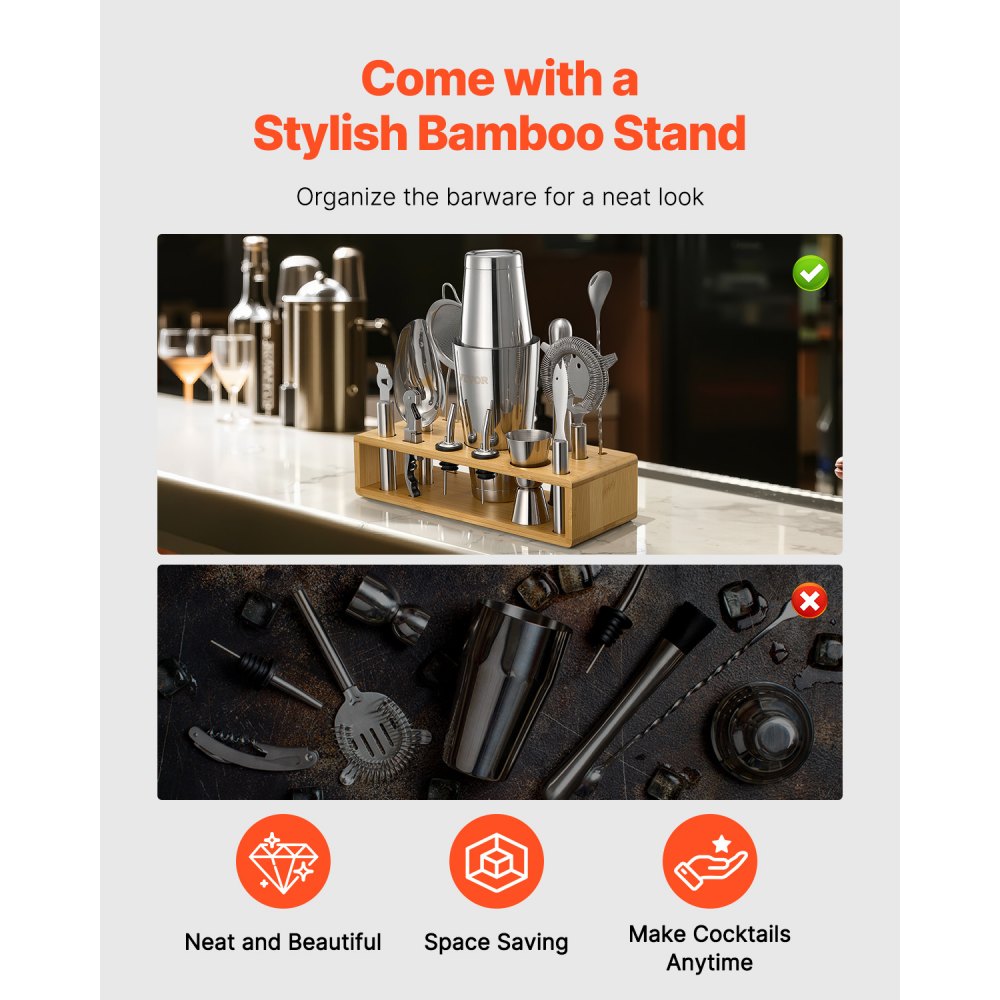 VEVOR Cocktailshakerset, 13-delige roestvrijstalen barset met bamboestandaard, Boston Bartender-accessoires | Mixerlepel, stamper, maatbeker, zeef, schenktuit, ijsschep, citroenschil