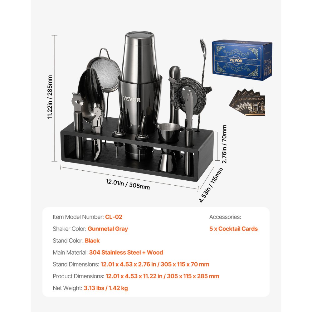 VEVOR Cocktailshakerset, 13-delige roestvrijstalen barset met bamboestandaard, Boston Bartender Kit | Mixerlepel, stamper, maatbeker, zeef, schenktuit, ijsschep, citroenschraper