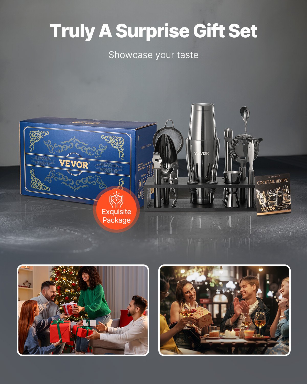 VEVOR Cocktailshakerset, 13-delige roestvrijstalen barset met bamboestandaard, Boston Bartender Kit | Mixerlepel, stamper, maatbeker, zeef, schenktuit, ijsschep, citroenschraper