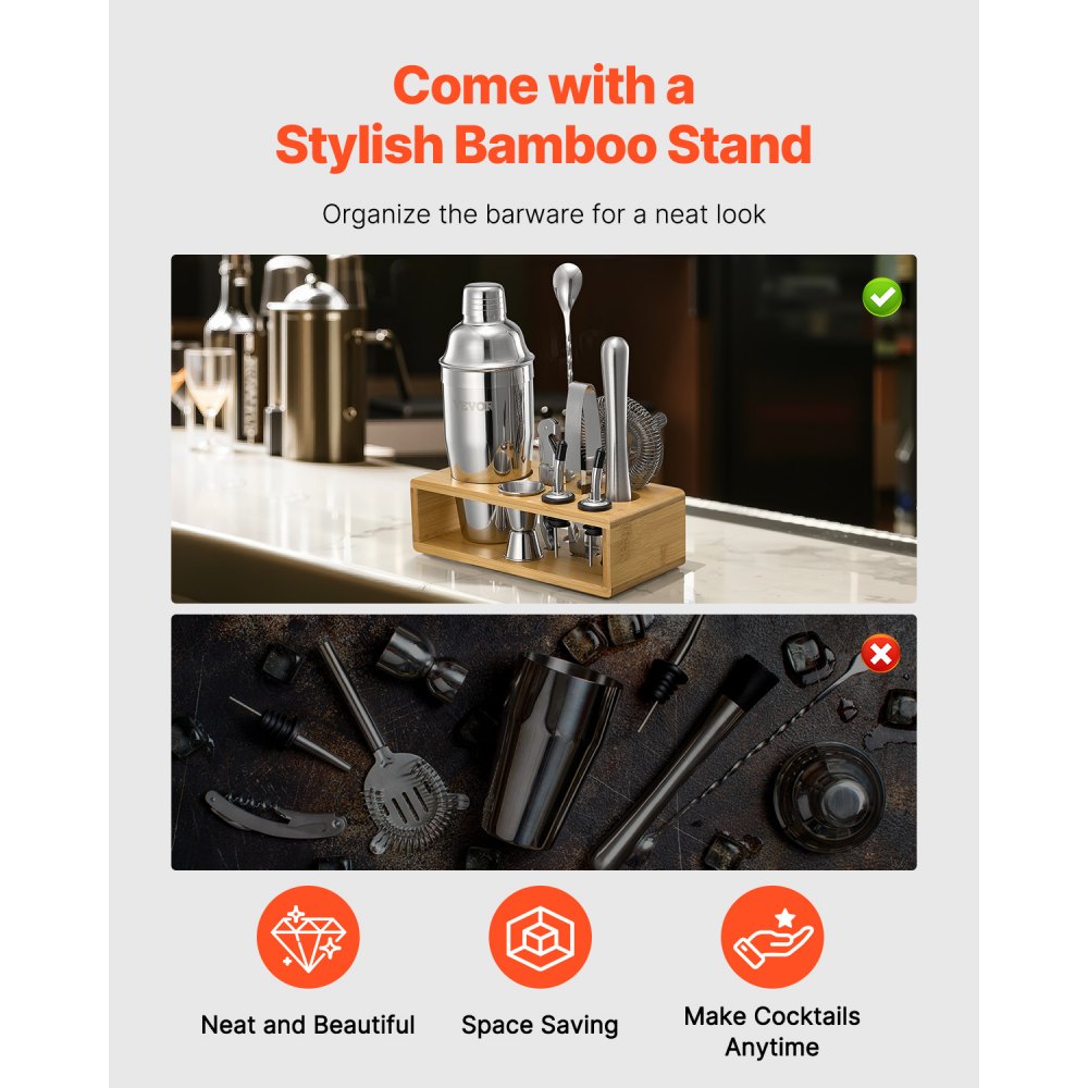 VEVOR Cocktailshakerset, 10-delige roestvrijstalen bartoolset met bamboestandaard, Martini-barmanset | Mixerlepel, stamper, maatbeker, zeef, schenktuit, ijstang, kurkentrekker, zilver