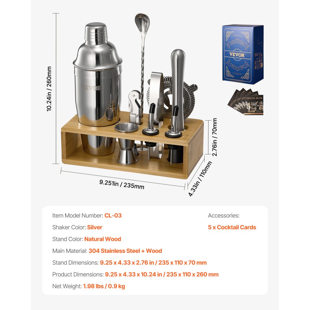 VEVOR Cocktailshakerset, 10-delige roestvrijstalen bartoolset met bamboestandaard, Martini-barmanset | Mixerlepel, stamper, maatbeker, zeef, schenktuit, ijstang, kurkentrekker, zilver