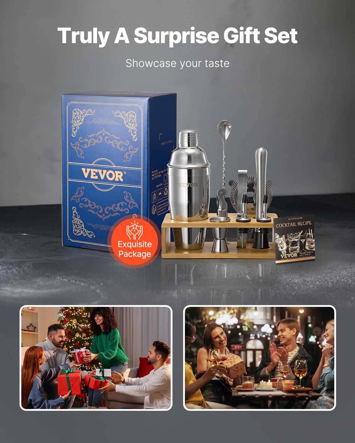 VEVOR Cocktailshakerset, 10-delige roestvrijstalen bartoolset met bamboestandaard, Martini-barmanset | Mixerlepel, stamper, maatbeker, zeef, schenktuit, ijstang, kurkentrekker, zilver