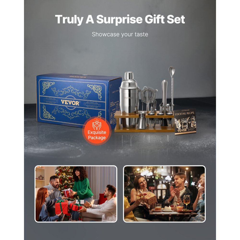 VEVOR Cocktailshakerset, 18-delige roestvrijstalen bartoolset met bamboestandaard, Martini-barmanset | Mixerlepel, stamper, maatbeker, zeef, schenktuit, ijstang, kurkentrekker, zilver
