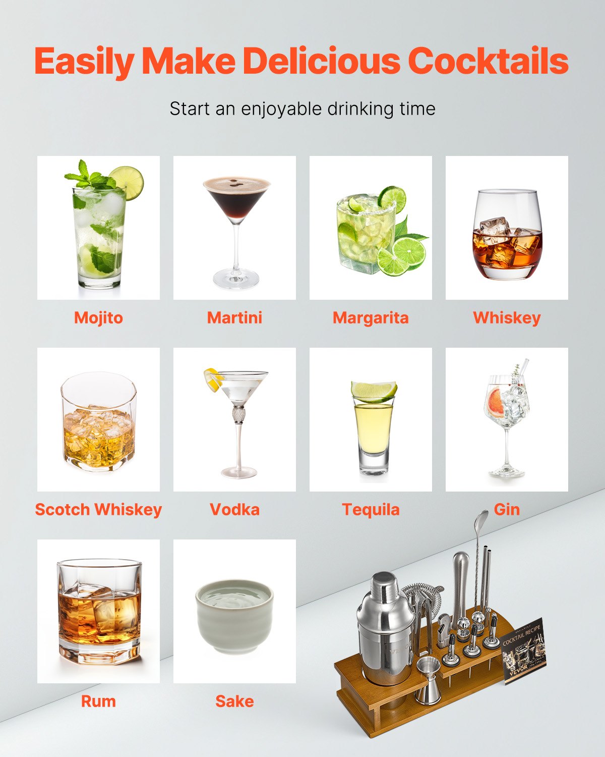 VEVOR Cocktailshakerset, 18-delige roestvrijstalen bartoolset met bamboestandaard, Martini-barmanset | Mixerlepel, stamper, maatbeker, zeef, schenktuit, ijstang, kurkentrekker, zilver