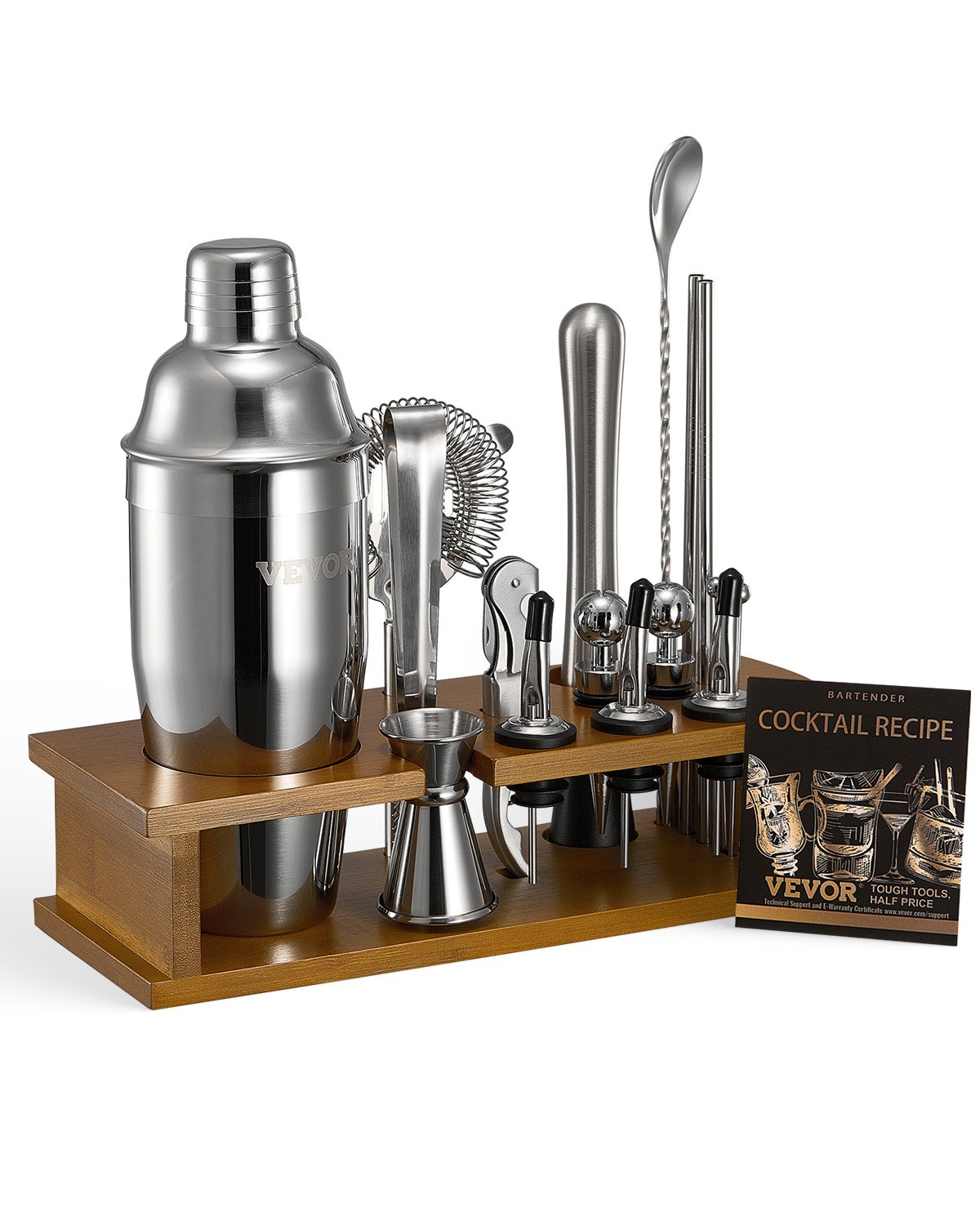 VEVOR Cocktailshakerset, 18-delige roestvrijstalen bartoolset met bamboestandaard, Martini-barmanset | Mixerlepel, stamper, maatbeker, zeef, schenktuit, ijstang, kurkentrekker, zilver