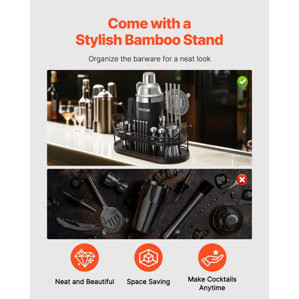 VEVOR Cocktail Shaker Set, 23-Piece Stainless Steel Bar Tools with Bamboo Stand, Martini Bartender Kit Accessories | Mixer Spoon, Muddler, Jiggers, Strainer, Liquor Pourers, Ice Tong, Corkscrew