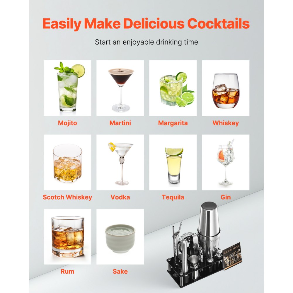 VEVOR Cocktail Shaker 14-delige roestvrijstalen bargereedschapset met acrylstandaard, Boston Bartender Set Accessoires Mixer Lepel Muddler Maatbeker Zeef Drankschenker IJstang Kurkentrekker, Zilver