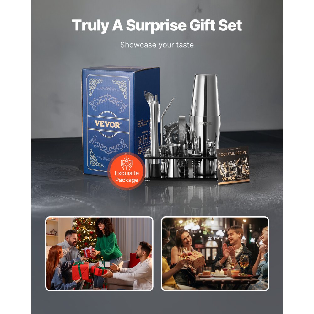 VEVOR Cocktail Shaker 14-delige roestvrijstalen bargereedschapset met acrylstandaard, Boston Bartender Set Accessoires Mixer Lepel Muddler Maatbeker Zeef Drankschenker IJstang Kurkentrekker, Zilver