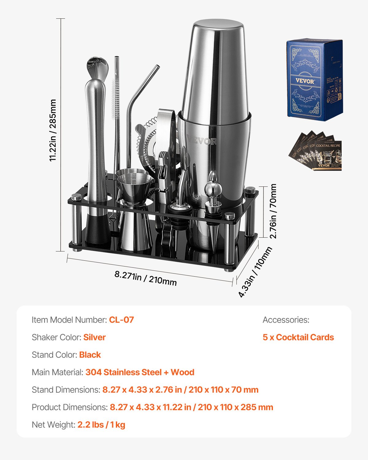 VEVOR Cocktail Shaker 14-delige roestvrijstalen bargereedschapset met acrylstandaard, Boston Bartender Set Accessoires Mixer Lepel Muddler Maatbeker Zeef Drankschenker IJstang Kurkentrekker, Zilver