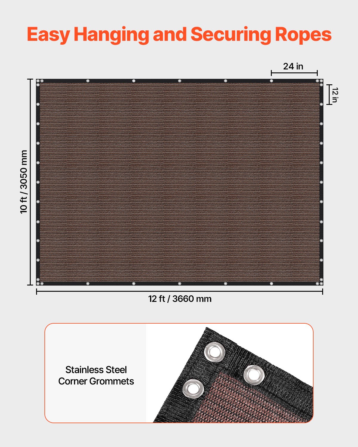 VEVOR 90% zonwerend schaduwdoek (305 x 366 cm) voor pergola met roestvrijstalen ringen, schaduwdoek met 140 g/m² HDPE-materiaal, voor buitenpatio, tuin, achtertuin (bruin)