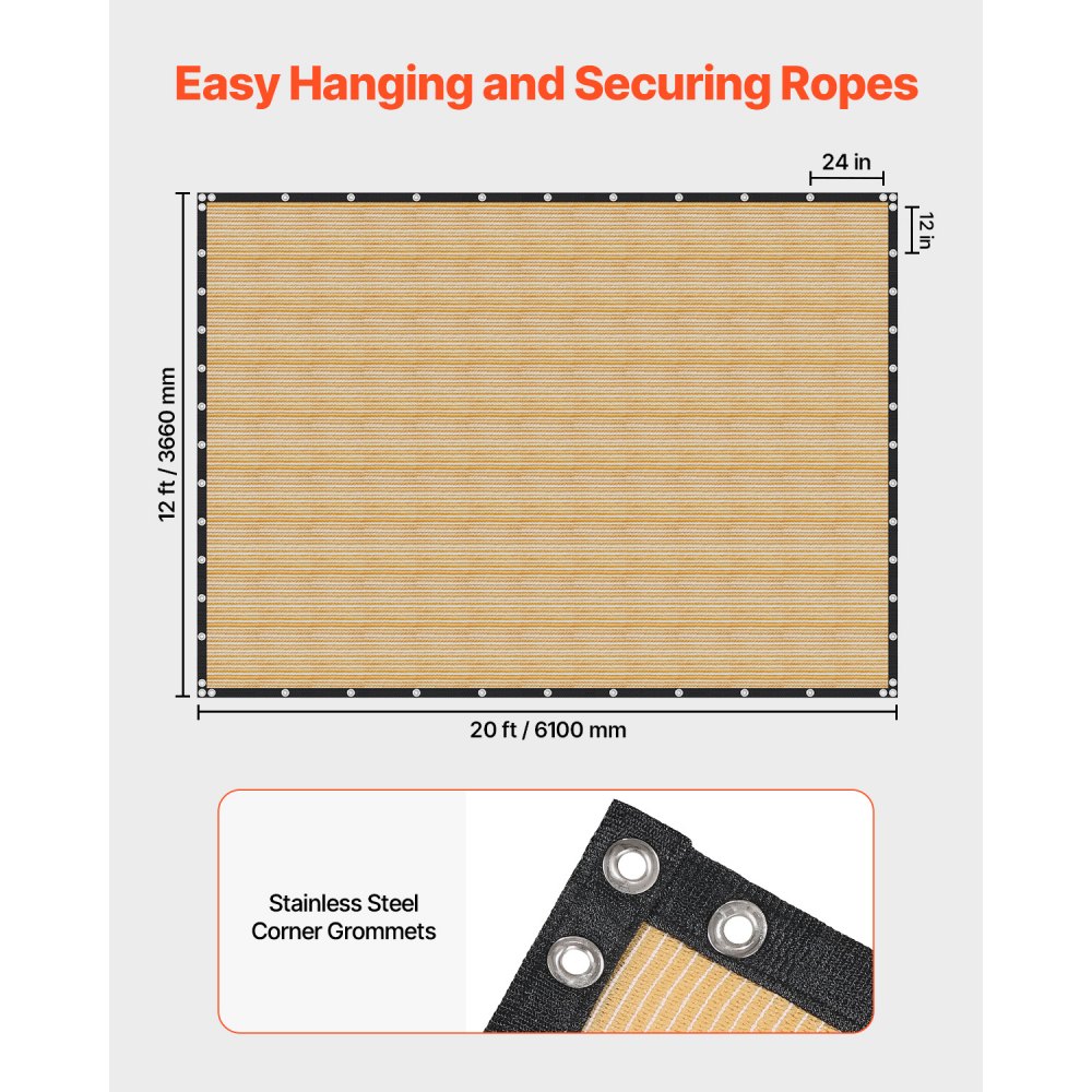 VEVOR 90% zonwerend schaduwdoek (366 x 610 cm) voor pergola met roestvrijstalen ringen, schaduwdoek met 160 g/m² HDPE-materiaal, voor buitenpatio, tuin en achtertuin (beige)