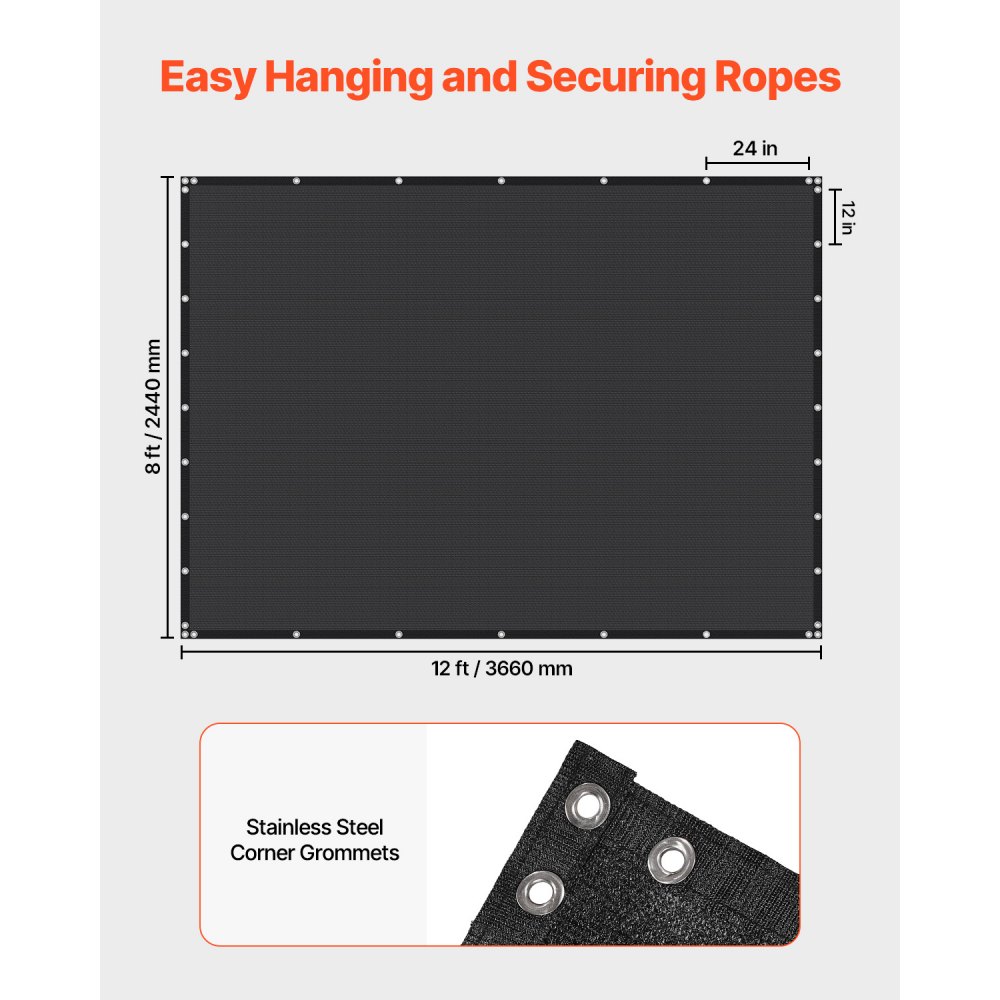 VEVOR 90% Sun Shade Cloth, 8 x 12 ft Pergola Shade Cover with Stainless Steel Grommets, Sun Shades Canopy Privacy Screen with 140 GSM HDPE Material, for Outdoor, Patio, Garden, and Backyard (Black)