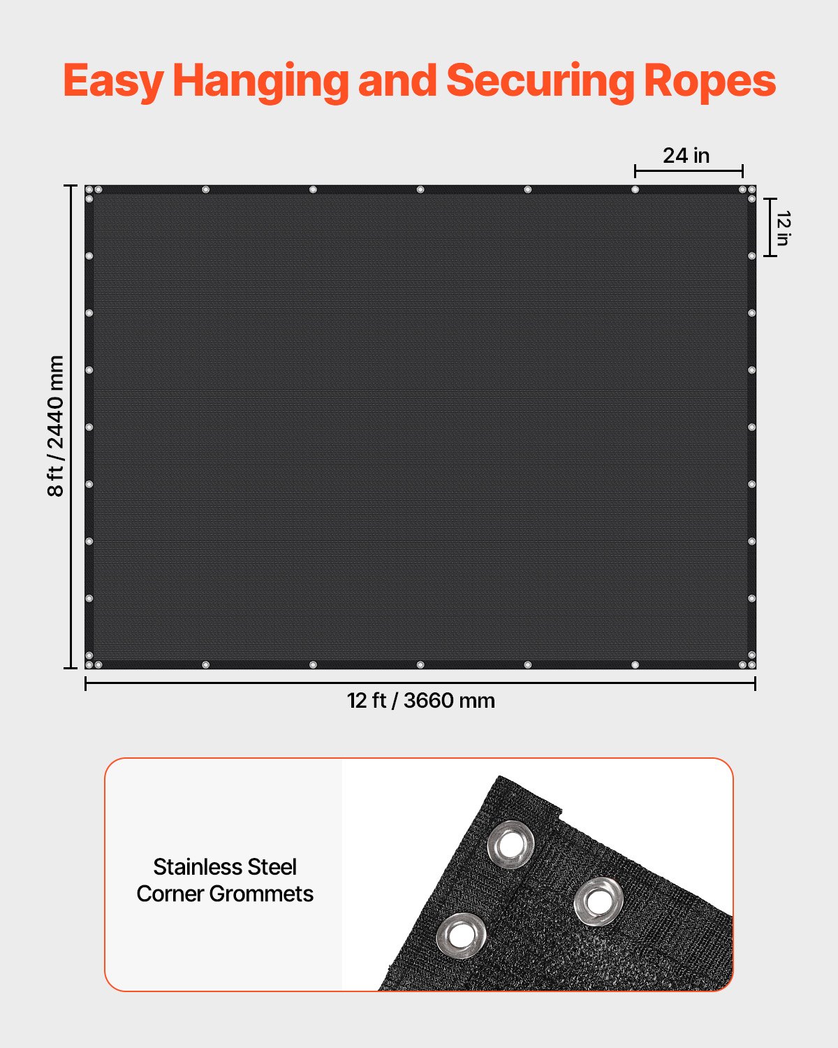 VEVOR 90% Sun Shade Cloth, 8 x 12 ft Pergola Shade Cover with Stainless Steel Grommets, Sun Shades Canopy Privacy Screen with 140 GSM HDPE Material, for Outdoor, Patio, Garden, and Backyard (Black)