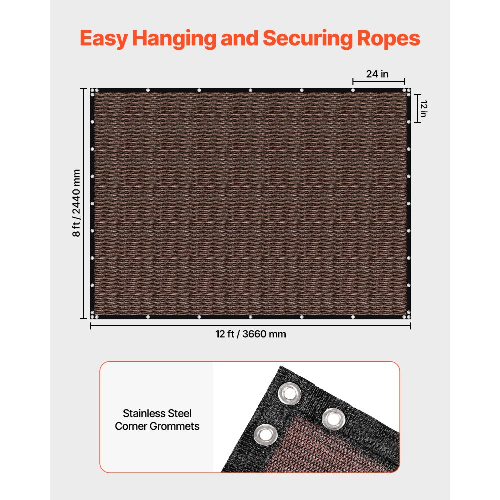 VEVOR 90% zonwerend schaduwdoek (244 x 366 cm) voor pergola met roestvrijstalen ringen, schaduwdoek met 140 g/m² HDPE-materiaal, voor buitenpatio, tuin en achtertuin (bruin)