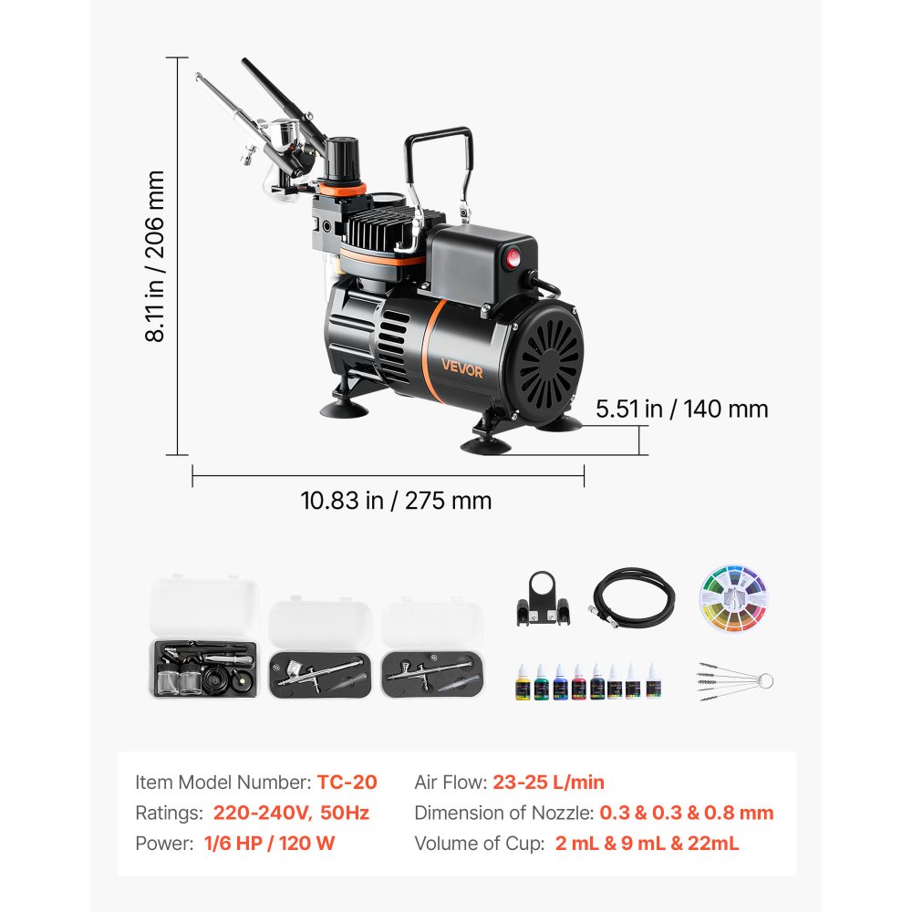VEVOR Airbrush Set 1/6 HP met luchtcompressor, 3 Dual Action Airbrush pistolen met 3 nozzles (0,3/0,3/0,8 mm) & slang & acrylverf & 2 ventilatoren, voor taartdecoratie, modelschilderen en nail art