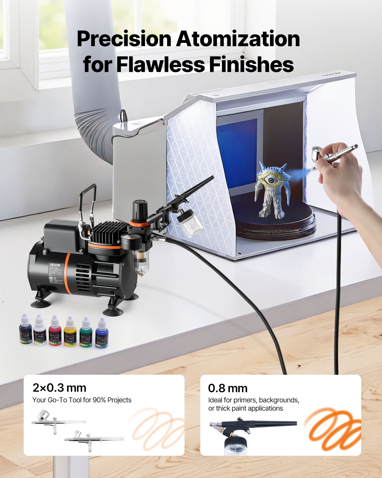 VEVOR Airbrush Set 1/6 HP met luchtcompressor, 3 Dual Action Airbrush pistolen met 3 nozzles (0,3/0,3/0,8 mm) & slang & acrylverf & 2 ventilatoren, voor taartdecoratie, modelschilderen en nail art