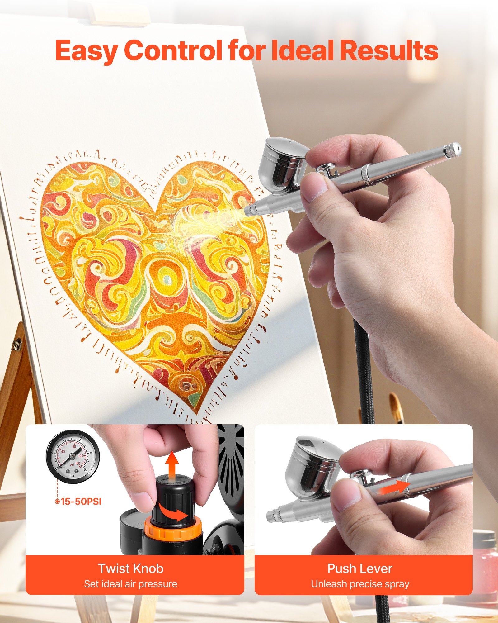 VEVOR Airbrush Kit, 1/6 HP, Air Brush Kit with Air Compressor and Tank, 3 Dual-Action Professional Airbrushes with 3 Tips, Hose, Acrylic Paint, 2 Fans, for Cake Decorating, Model Painting, Nail Art