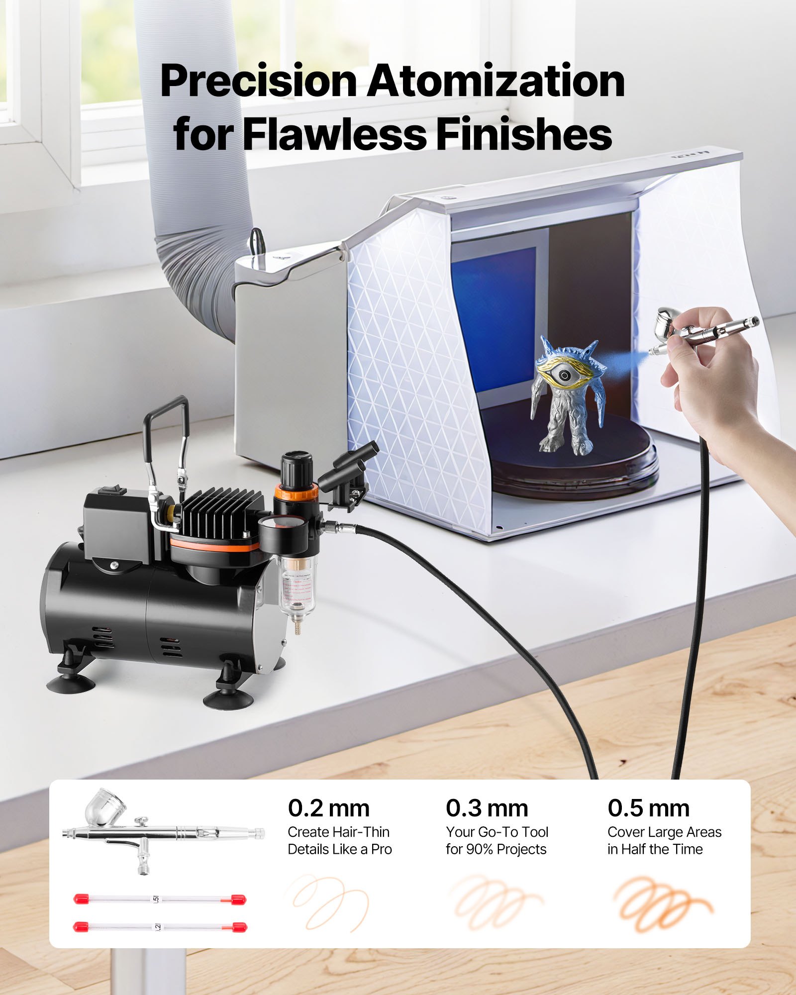 VEVOR Airbrush Set 1/6 HP met luchtcompressor en tank, 1 Dual Action Airbrush-pistool met 3 spuitmonden (0,2/0,3/0,5 mm) & slang & beugel & reinigingsset, voor taartdecoratie, modelschilderen en nail art