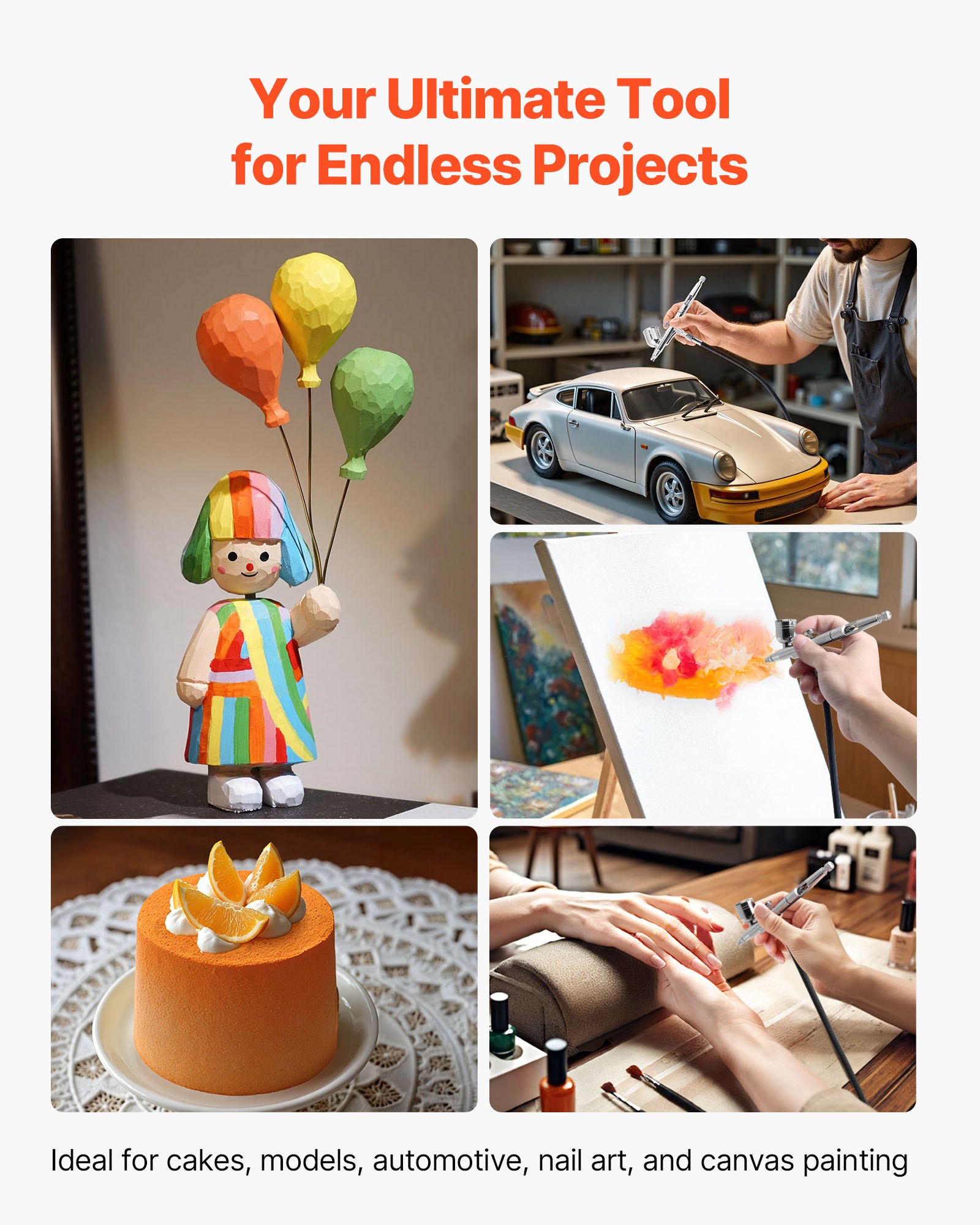 VEVOR Airbrush Set 1/6 HP met luchtcompressor en tank, 1 Dual Action Airbrush-pistool met 3 spuitmonden (0,2/0,3/0,5 mm) & slang & beugel & reinigingsset, voor taartdecoratie, modelschilderen en nail art