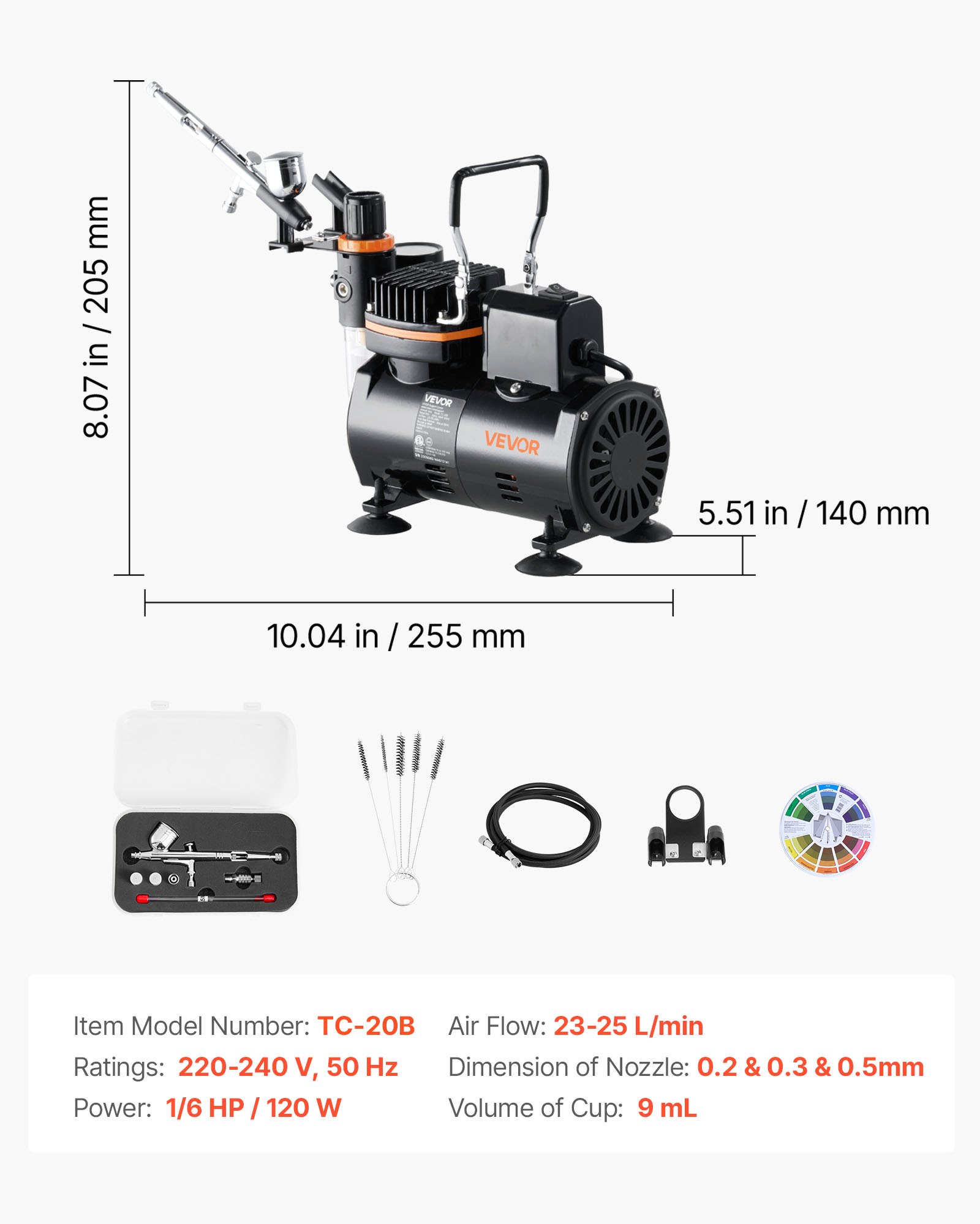 VEVOR Airbrush Set 1/6 HP met luchtcompressor en tank, 1 Dual Action Airbrush-pistool met 3 spuitmonden (0,2/0,3/0,5 mm) & slang & beugel & reinigingsset, voor taartdecoratie, modelschilderen en nail art