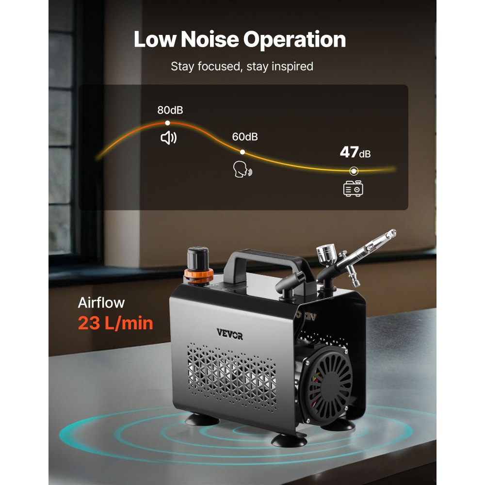 VEVOR Airbrush Set 1/6 HP met Luchtcompressor, 1 Dual Action Airbrush Pistool met 3 Nozzles (0,2/0,3/0,5 mm) & Slang & Acrylverf & voor Taartdecoratie Model Schilderen Nail Art Laag Geluidsniveau